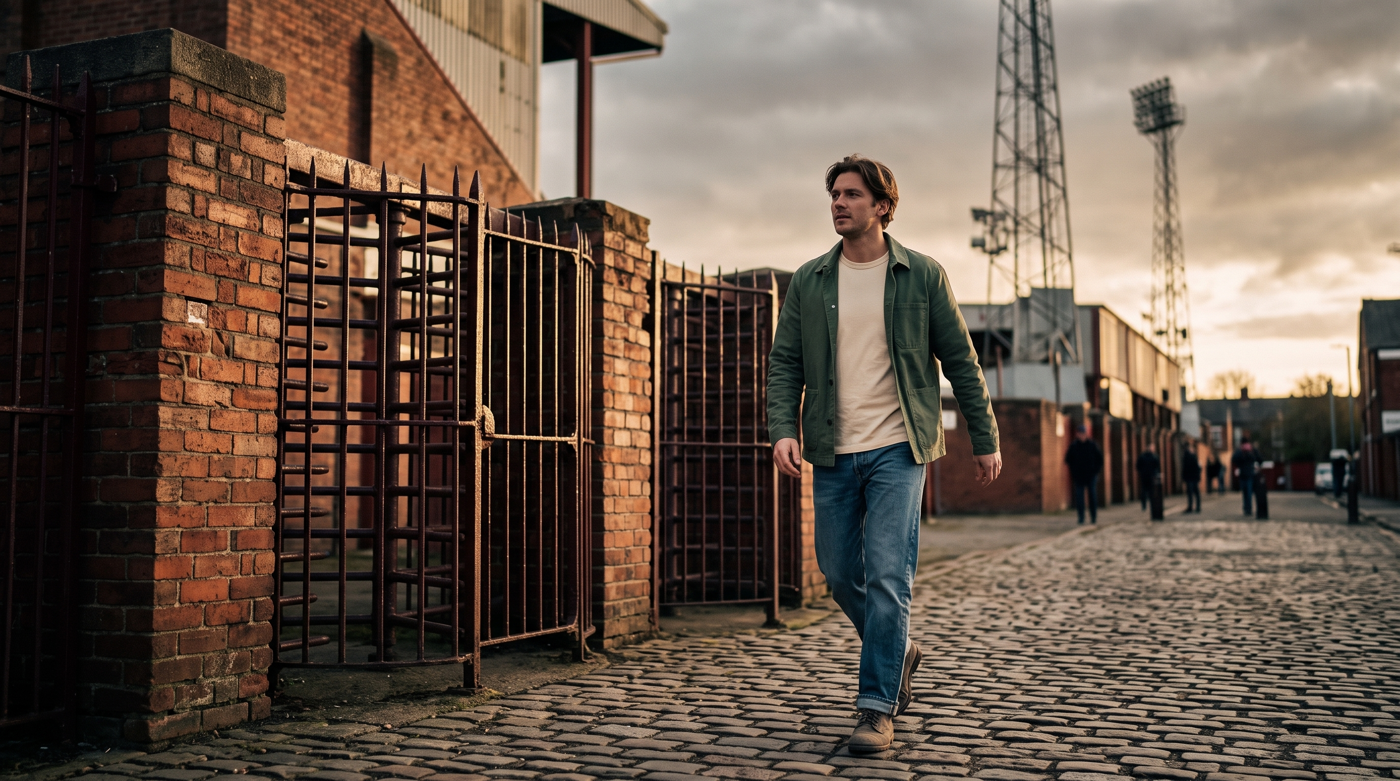 A man walking down a cobblestone street in an industrial area, wearing a green jacket over a white t-shirt and blue jeans.