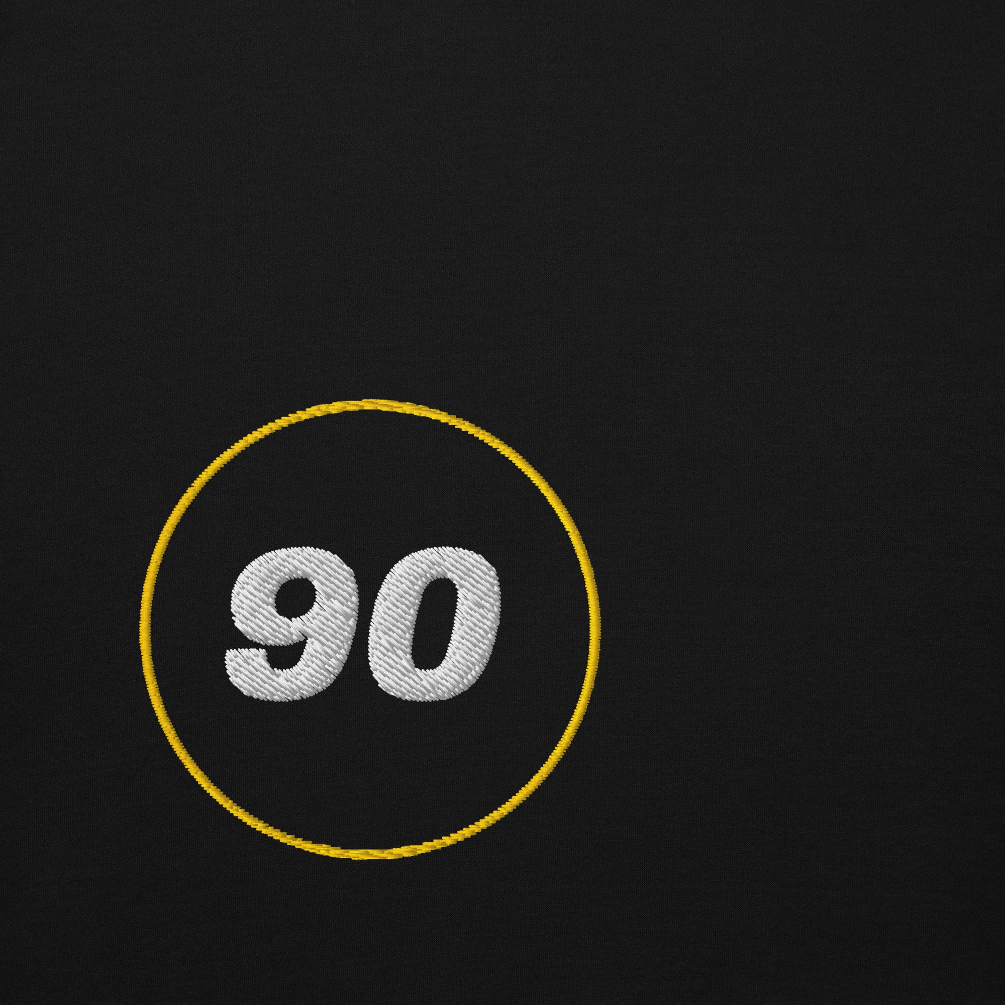 Embroidered 90 badge on black hoodie | colour:black