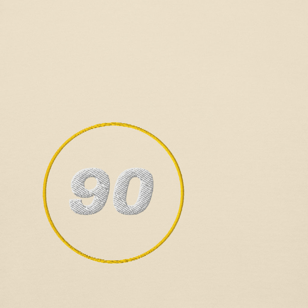 Embroidered 90 badge on bone hoodie | colour:bone