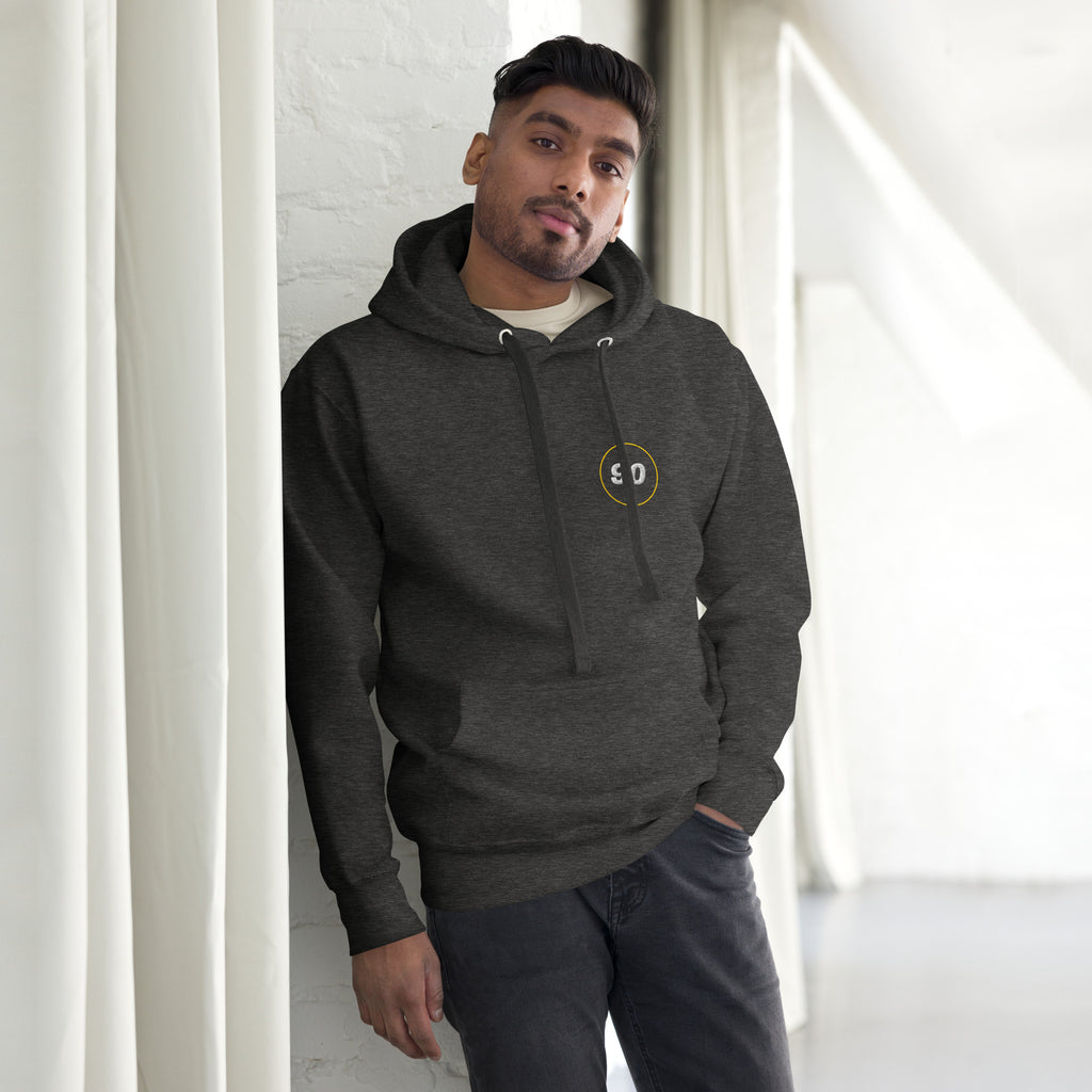 Charcoal Essential 90 hoodie, front lifestyle side product view | colour:charcoal