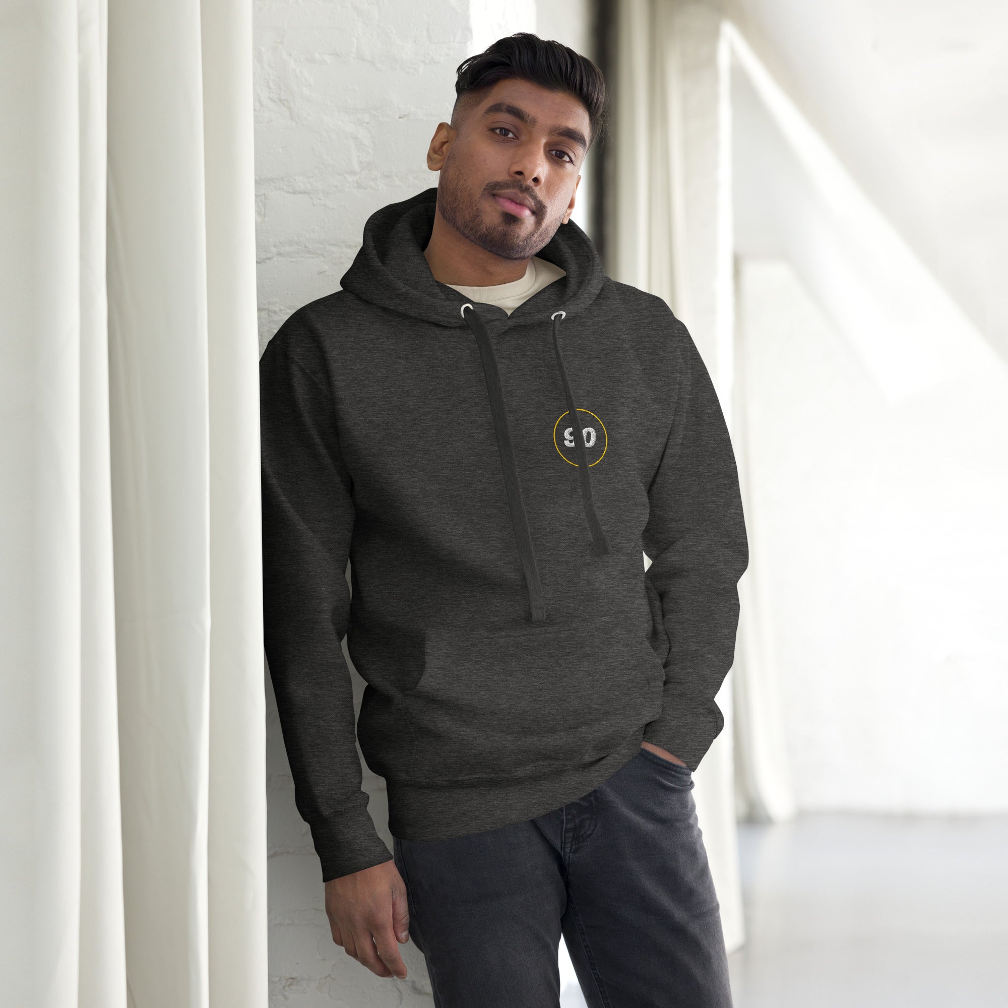 Charcoal Essential 90 hoodie, front lifestyle side product view | colour:charcoal